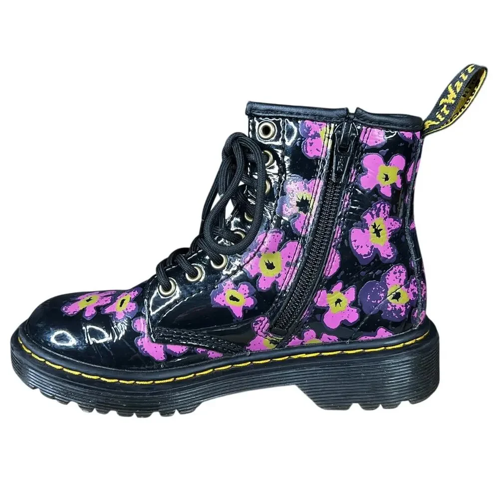 Dr. Martens Toddler Floral Black Patent Leather Combat Boots Size US 12
